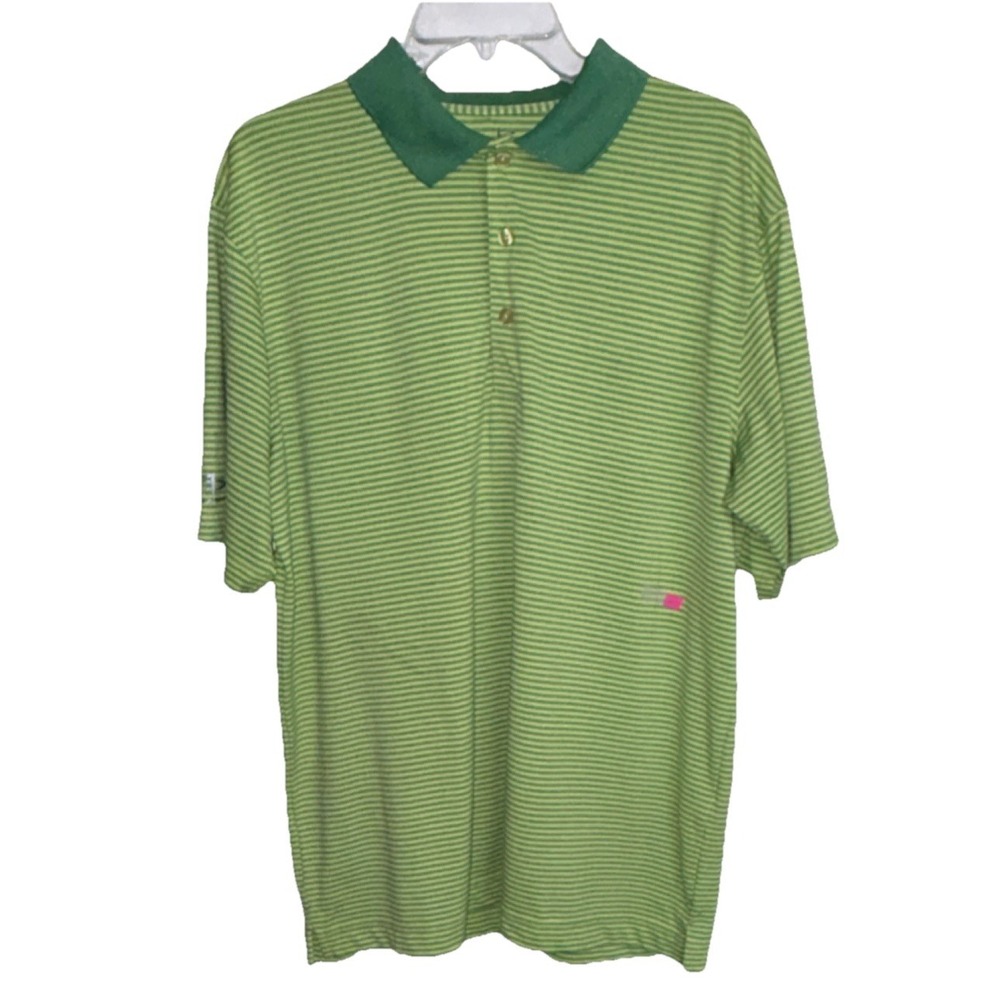 Page & Tuttle Cool Swing Green Yellow Striped Golf Polo Shirt Men's L Short Sle…